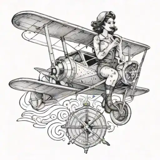 Pinup girl sitting on a vintage bi-plane with a compass in hand tattoo design idea