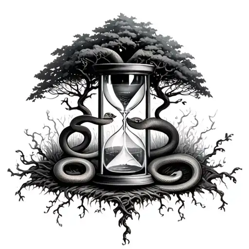 hour glass with trees inside. snakes wrapped around posts. life and death. vines and bones outside.  tattoo design idea