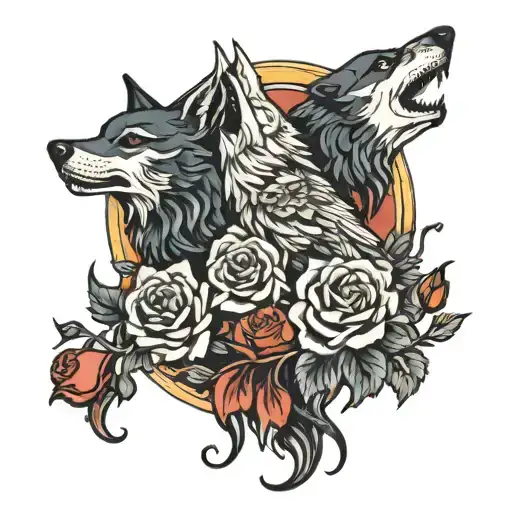 phoenix and roses with three wolves howling at the moon tattoo design idea