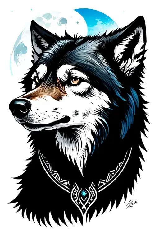 A slightly Nordic-inspired wolf with a moon and a light blue moon glow. tattoo design idea