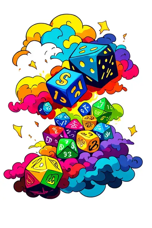 Dungeons & Dragons dice (D20, D12, D10, D8, D6, D4) and colored clouds surrounding tattoo design idea