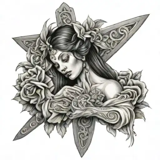 Esperanza imbedded into a cross with rosery arm sleeve tattoo design idea