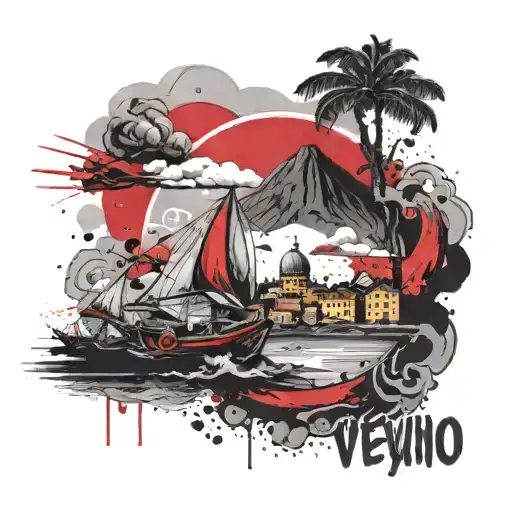 Design a tattoo that combines Naples (Italy), vesuvio , sea with symbols of human rights activism, using dotwork style tattoo design idea