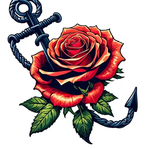 anchor fishing net rose tattoo design idea