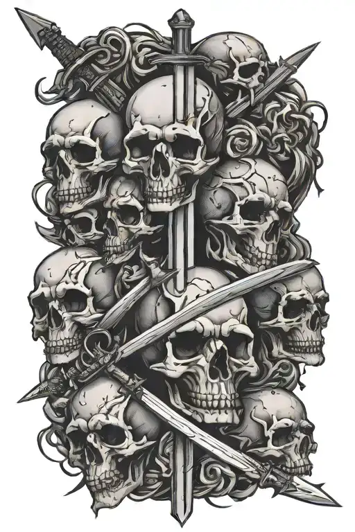 pile of skulls with sword sticking out tattoo design idea