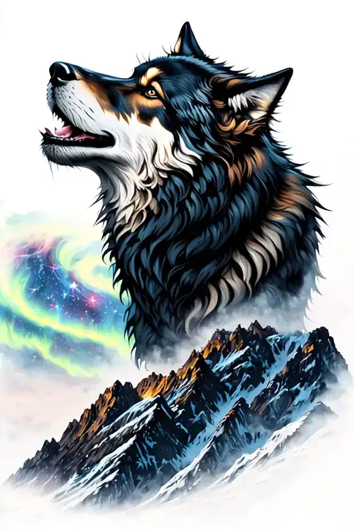 full back view of a wolf all black howling on the top of the mountain, with aurora borealis and scorpion constellation i tattoo design idea