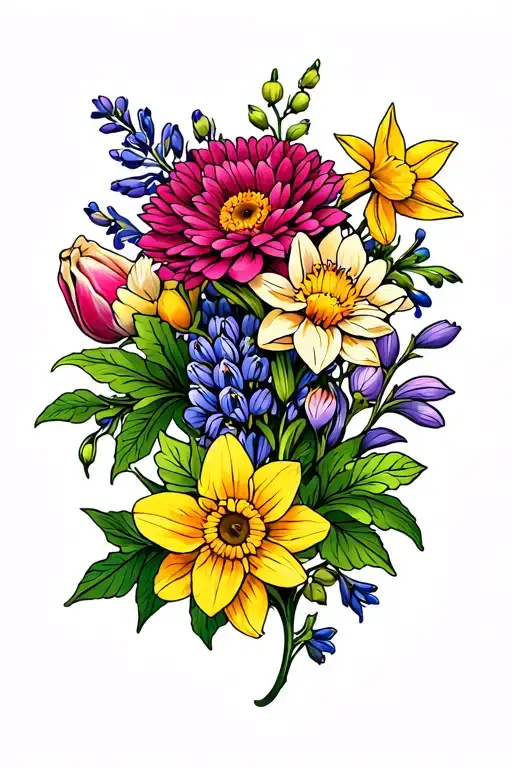 flowere arm sleeve with bells of Ireland, Chrysanthemum, daffodil, lupine, magnolia, Yarrow, tulip tattoo design idea
