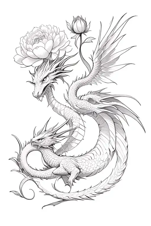two dragons with wings and horns, with intertwined tails, almost touching heads, beautiful peony buds and petals on top tattoo design idea