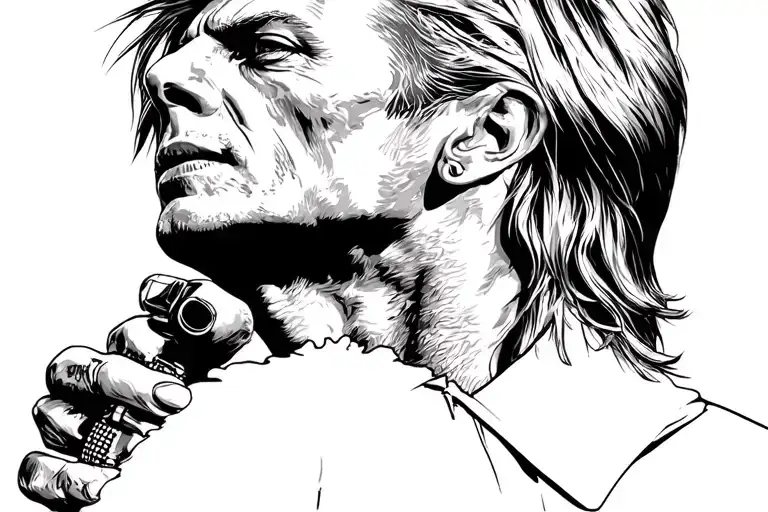 David Bowie from Diamond Dogs album cover as a detailed black and white tattoo stencil, single needle line art, high con tattoo design idea