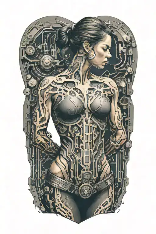 fitness bodybuilder women posing with hand on waist with technology circuits merging tattoo design idea