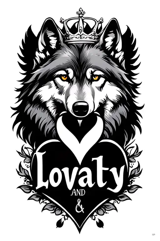  love and loyalty wording, with a wolf, heart, and crown tattoo design idea