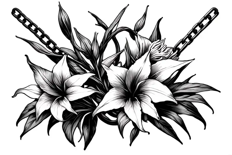 multiple broken chains with amaryllis flowers intertwined  tattoo design idea