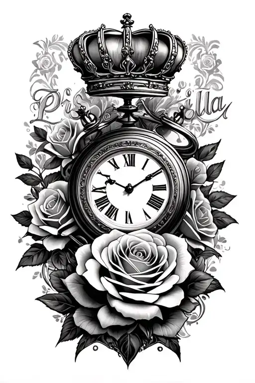 "Priscilla " rose, crown, clock embedded tattoo design idea