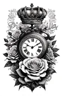 "Priscilla " rose, crown, clock embedded tattoo design idea