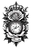 "Priscilla " rose, crown, clock embedded tattoo design idea