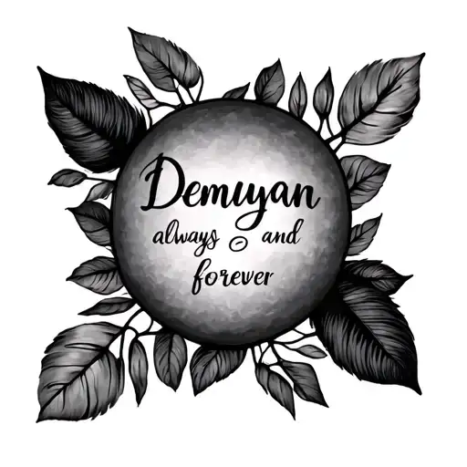 name Demyan in fine writing with always and forever under it dainty a small tattoo on lower back with leaves surrounding tattoo design idea