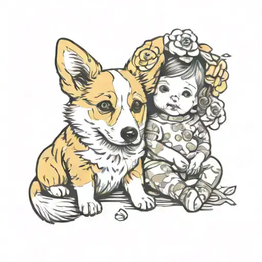 a yellow and white Corgi dog and a girl infant  tattoo design idea