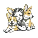 a yellow and white Corgi dog and a girl infant  tattoo design idea