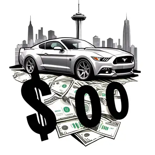 2016 mustang driving on top of $100 bills and seattle space needle and buildings in background  tattoo design idea