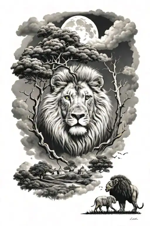 I want clouds with the imam ali with a lion besides him, a tree in the back preferably a cedar tree and within the cloud tattoo design idea