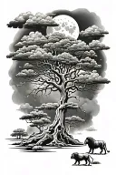 I want clouds with the imam ali with a lion besides him, a tree in the back preferably a cedar tree and within the cloud tattoo design idea
