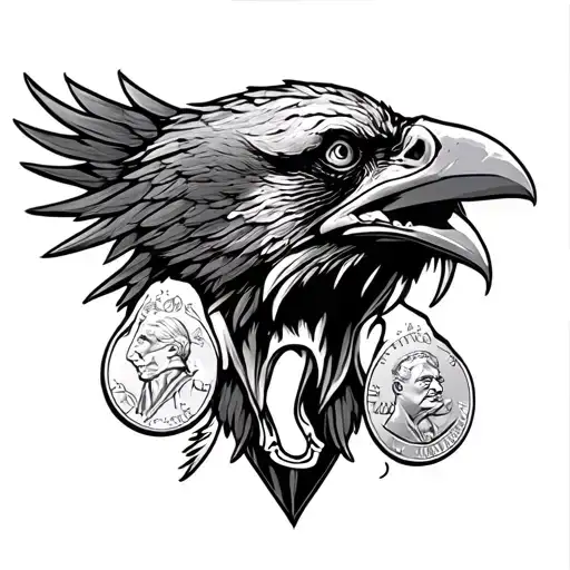 raven head with two Pennie's in it's mouth open tattoo design idea