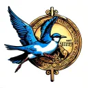 saint Christopher medallion and a swallow with spread wings tattoo design idea