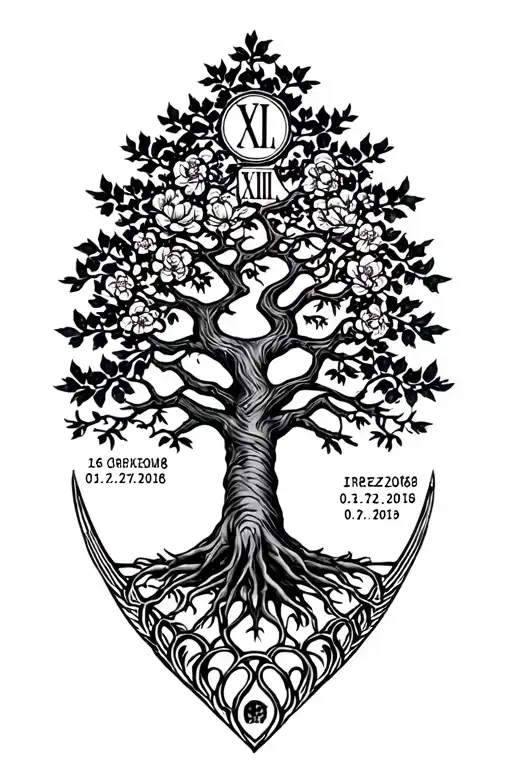 Tree of Life time birthdays roman numerals 16.07.1986 01.12.2017 08.07.2019 tattoo design idea