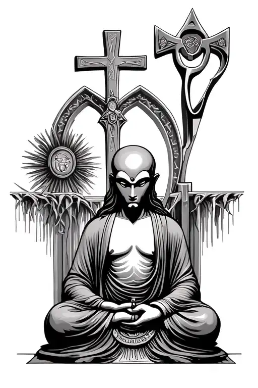 Buddah/Jesus Alien sitting infront of an ankh cross in a cathedral tattoo design idea
