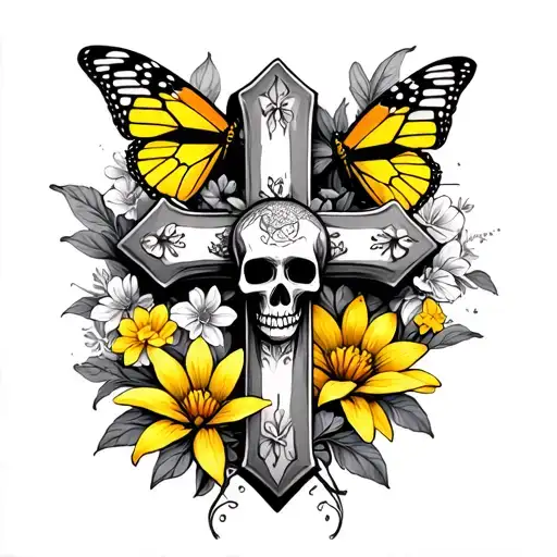 cross with small skulls at the bittom of the cross with yellow butterflys and flowers behind the cross tattoo design idea