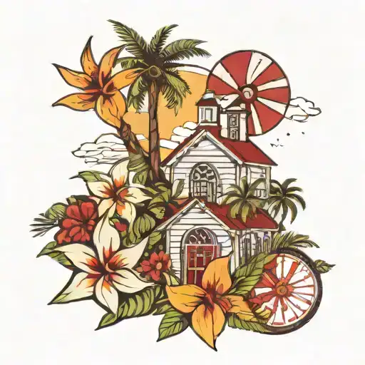 A church in the background a beach on the beach with pinwheels and in the church coconut trees: "An old school tattoo de tattoo design idea