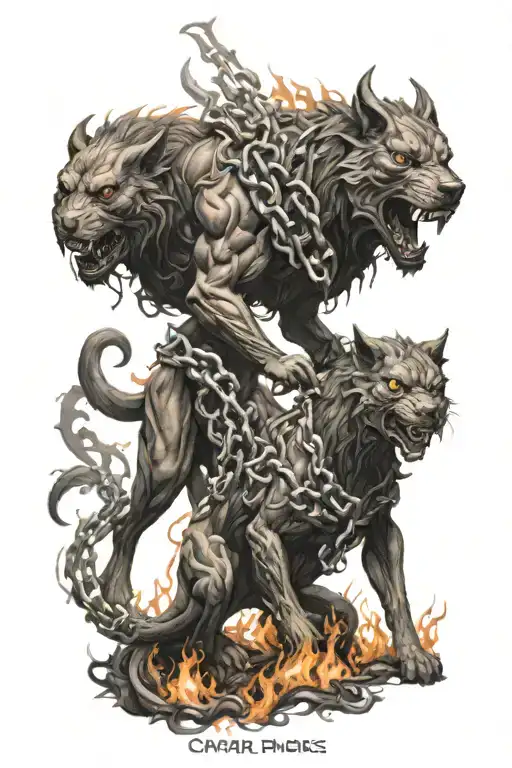 Hades, Cerberus, Chains, Flames tattoo design idea