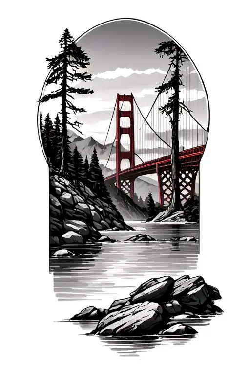 Golden Gate Bridge, Napa valley vineyard, redwood trees, water and rocks, mountains tattoo design idea