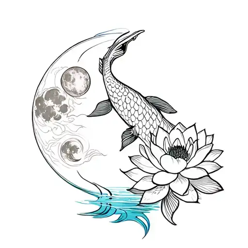  koi fish, lotus flower, the moon and the sun tattoo design idea
