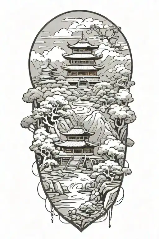 a japanese landscape in manga style tattoo design idea