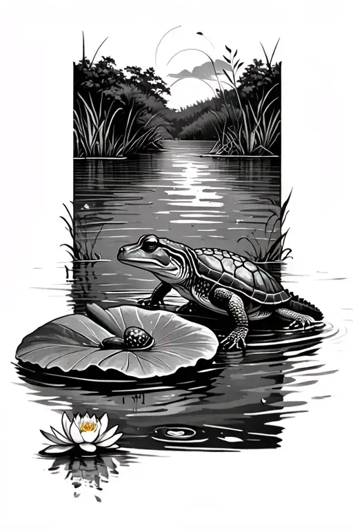  lake scene with frog on Lilly pad, turtle underwater and crocodile at the surface from side on view into the water. tattoo design idea