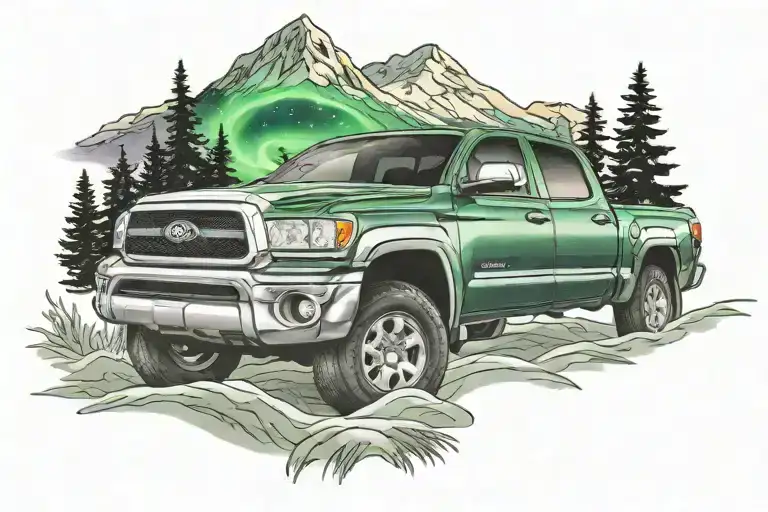 Northern lights illuminating a 2002 Toyota tundra parked in front of a mountain  tattoo design idea