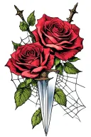 two roses with a dagger piercing and spider web tattoo design idea