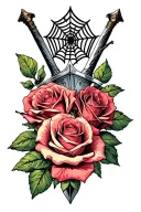 two roses with a dagger piercing and spider web tattoo design idea