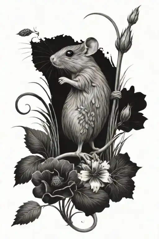 Field mouse standing on hind legs, named Milan, surrounded by field flowers, grasses and corn tattoo design idea