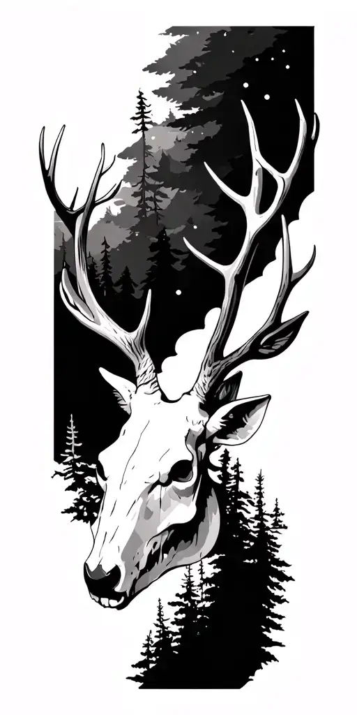 deer skulls and nature elements like trees tattoo design idea