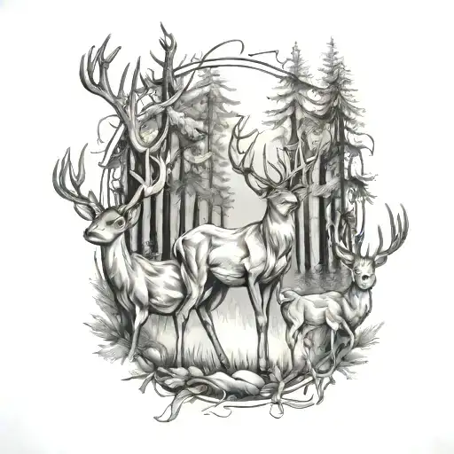 deer, forest, family tattoo design idea