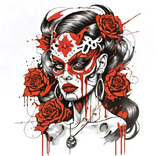  lillith godess with mask of skull  and white eyes tattoo design idea