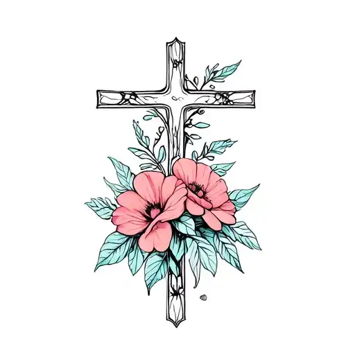flowers and a cross dainty tattoo design idea