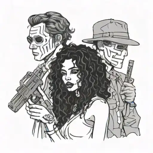 black girl, with long kinky curly black hair holding a gun and white man with a mask on, Bonnie and Clyde inspired  tattoo design idea