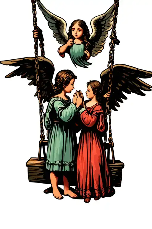 son and daughter hold the hands and above them an angel on a swing tattoo design idea