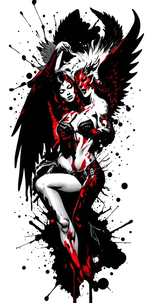 1 sexy angel in white vs. 1 sexy demon in black fighting tattoo design idea