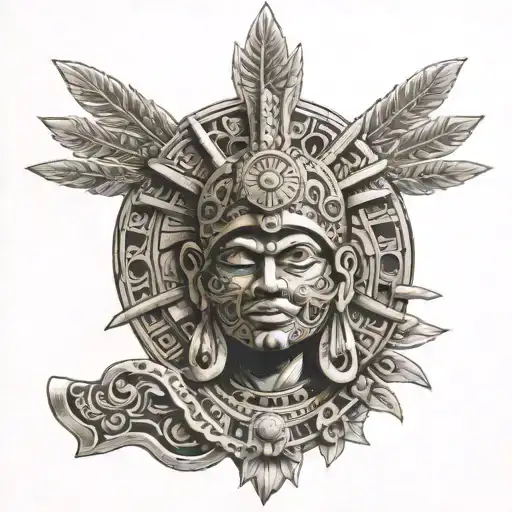 Aztec sun god, full uniform, sun in background,  tattoo design idea