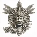 Aztec sun god, full uniform, sun in background,  tattoo design idea