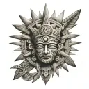 Aztec sun god, full uniform, sun in background,  tattoo design idea